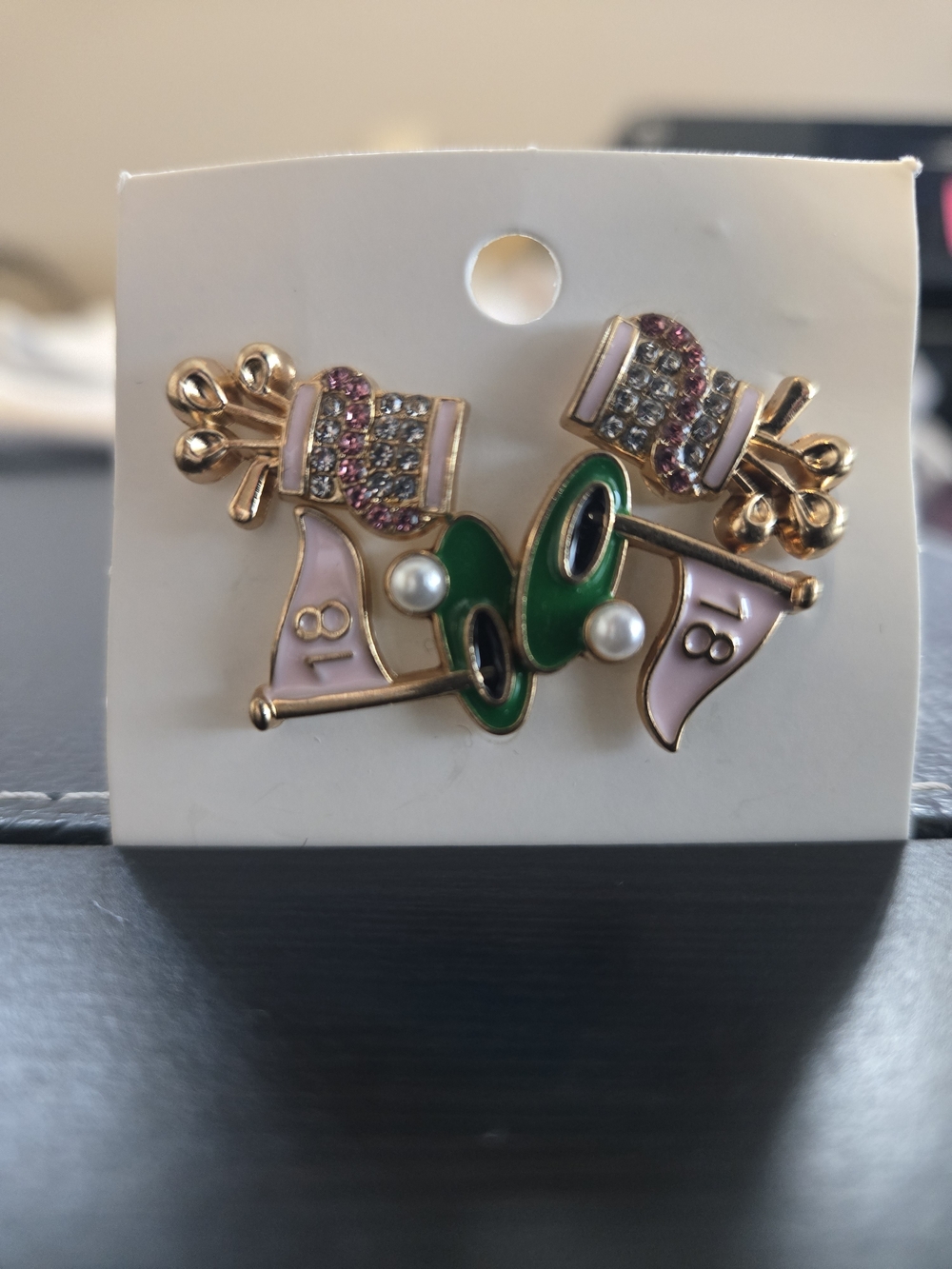 Gold-Tone Pink & Green Golf Flag Earrings with Crystals and Faux Pearls